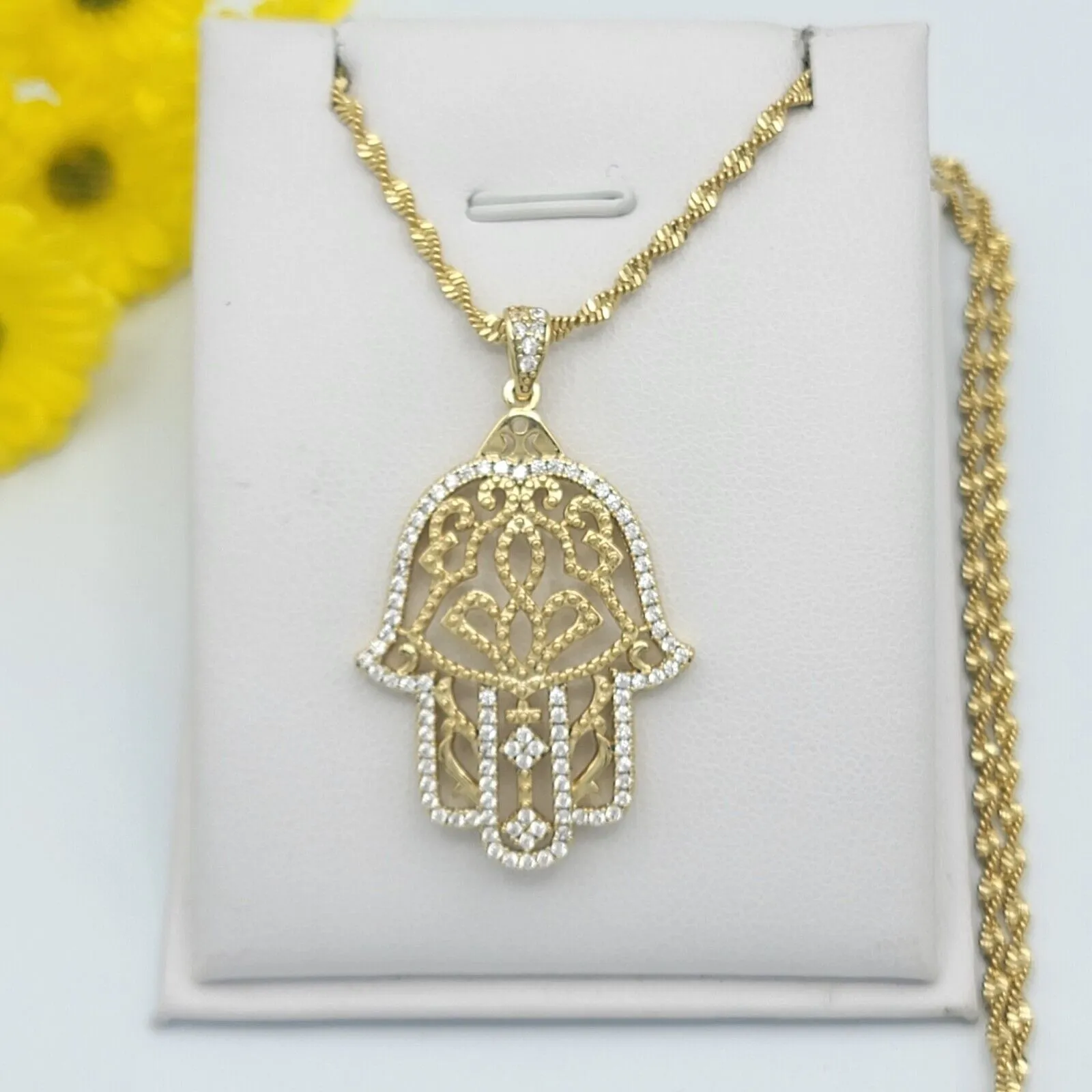 Necklaces - 14K Gold Plated. Hamsa Hand Pendant & Chain.