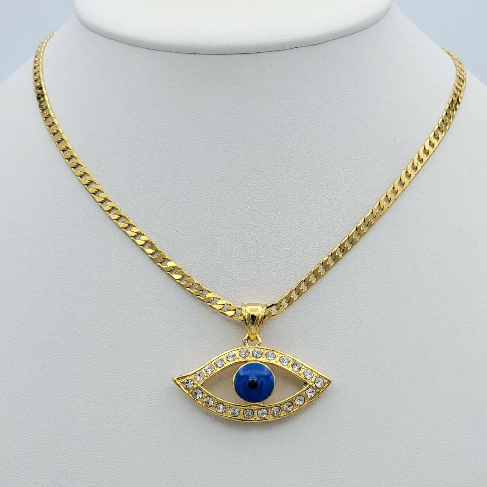 Necklaces - 24K Gold Plated. Blue Eye Crystal Pendant & Chain. Clear Crystals.