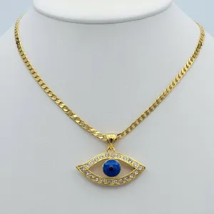 Necklaces - 24K Gold Plated. Blue Eye Crystal Pendant & Chain. Clear Crystals.