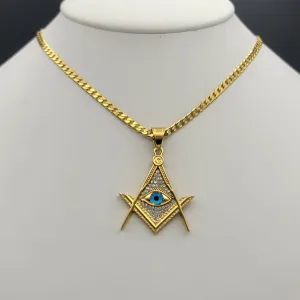 Necklaces - 24K Gold Plated. Masonic Square and Compasses Eye of Providence Pendant & Chain.