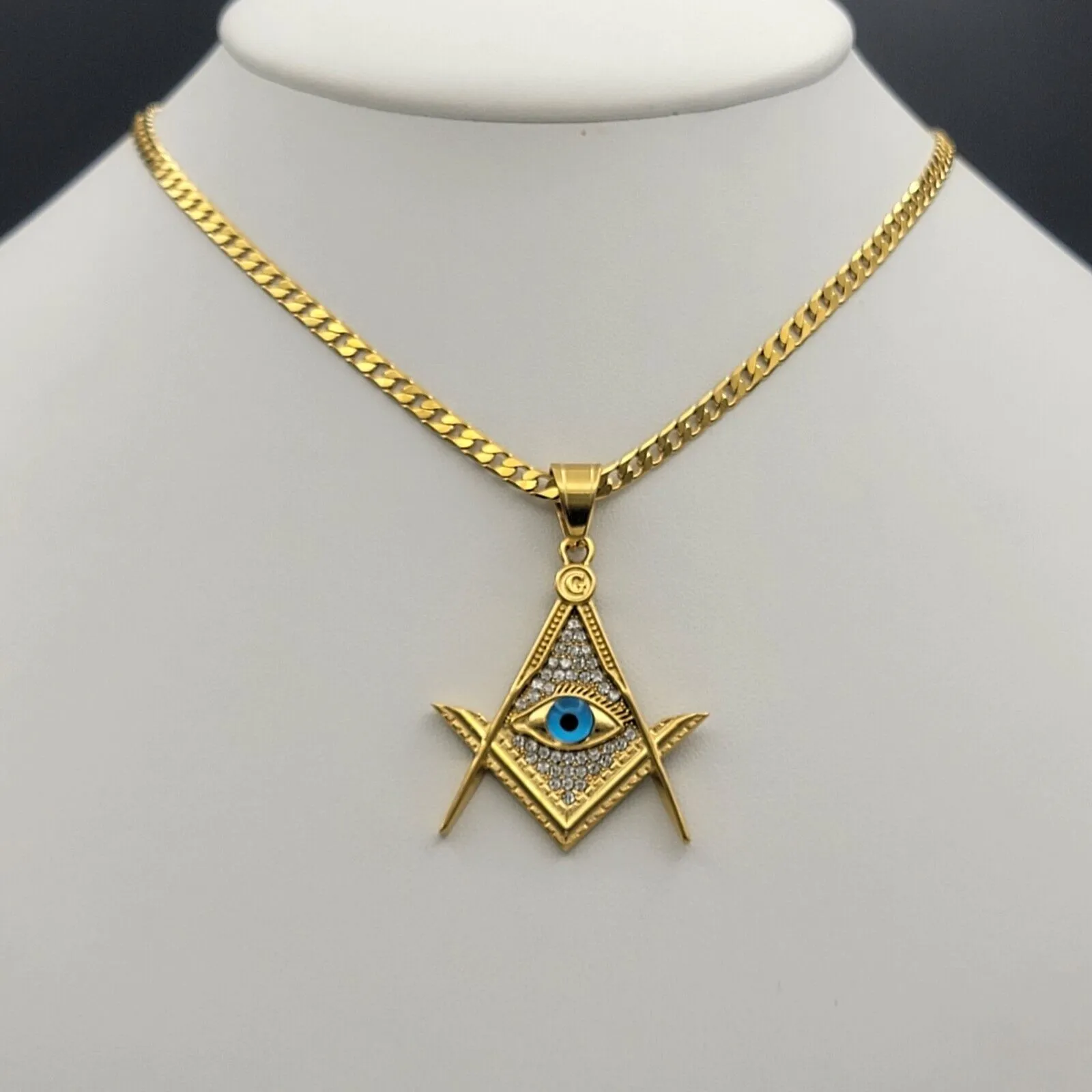 Necklaces - 24K Gold Plated. Masonic Square and Compasses Eye of Providence Pendant & Chain.