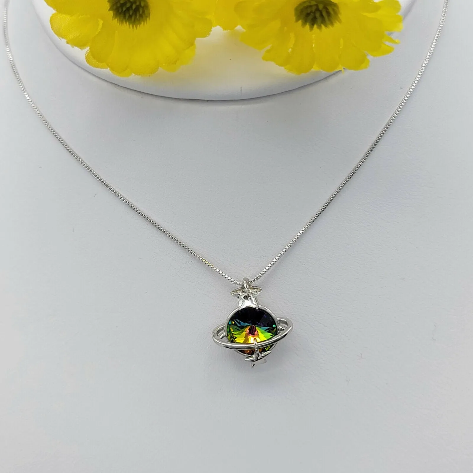Necklaces - Rhodium Plated. Planet Stars Galaxy Pendant & Chain.