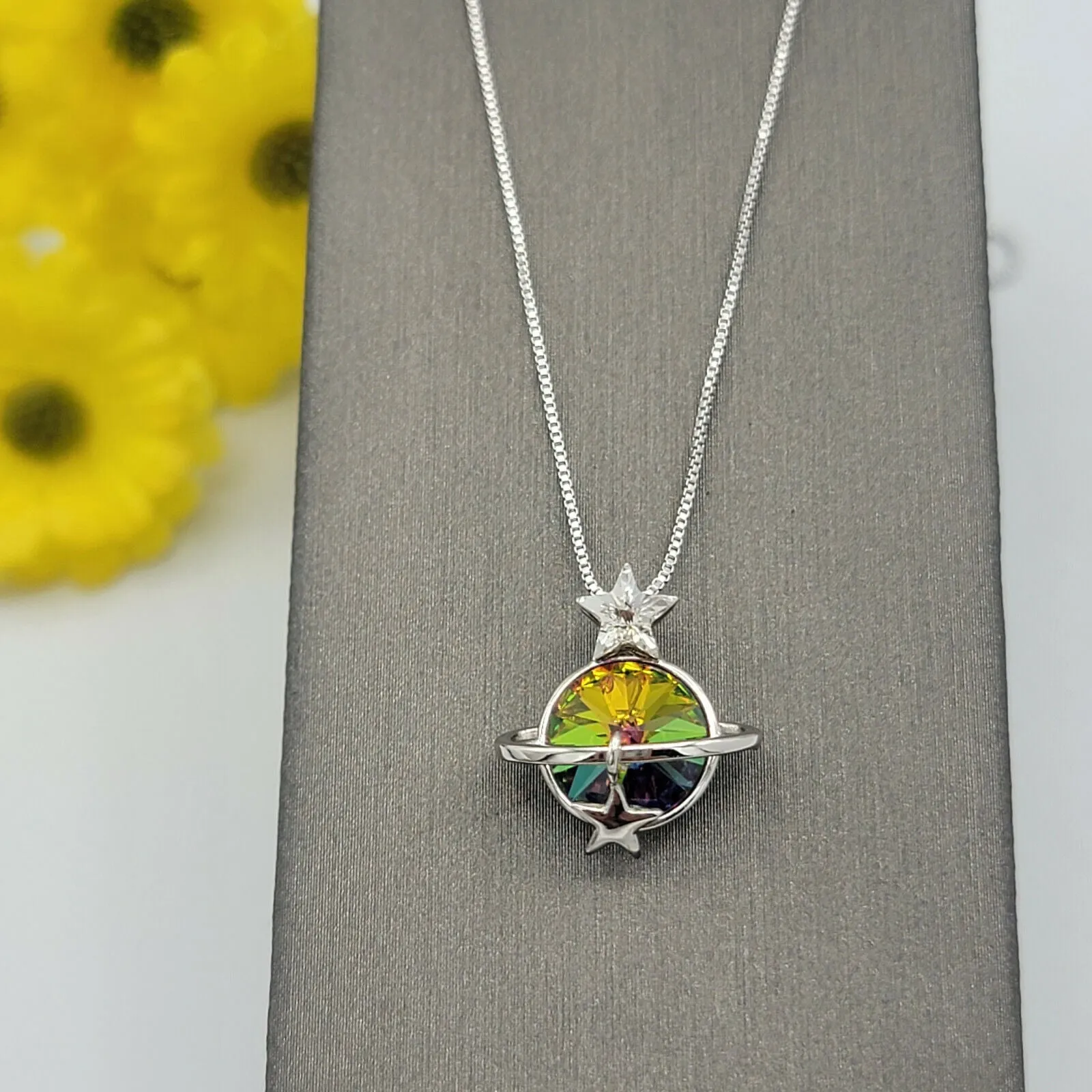 Necklaces - Rhodium Plated. Planet Stars Galaxy Pendant & Chain.