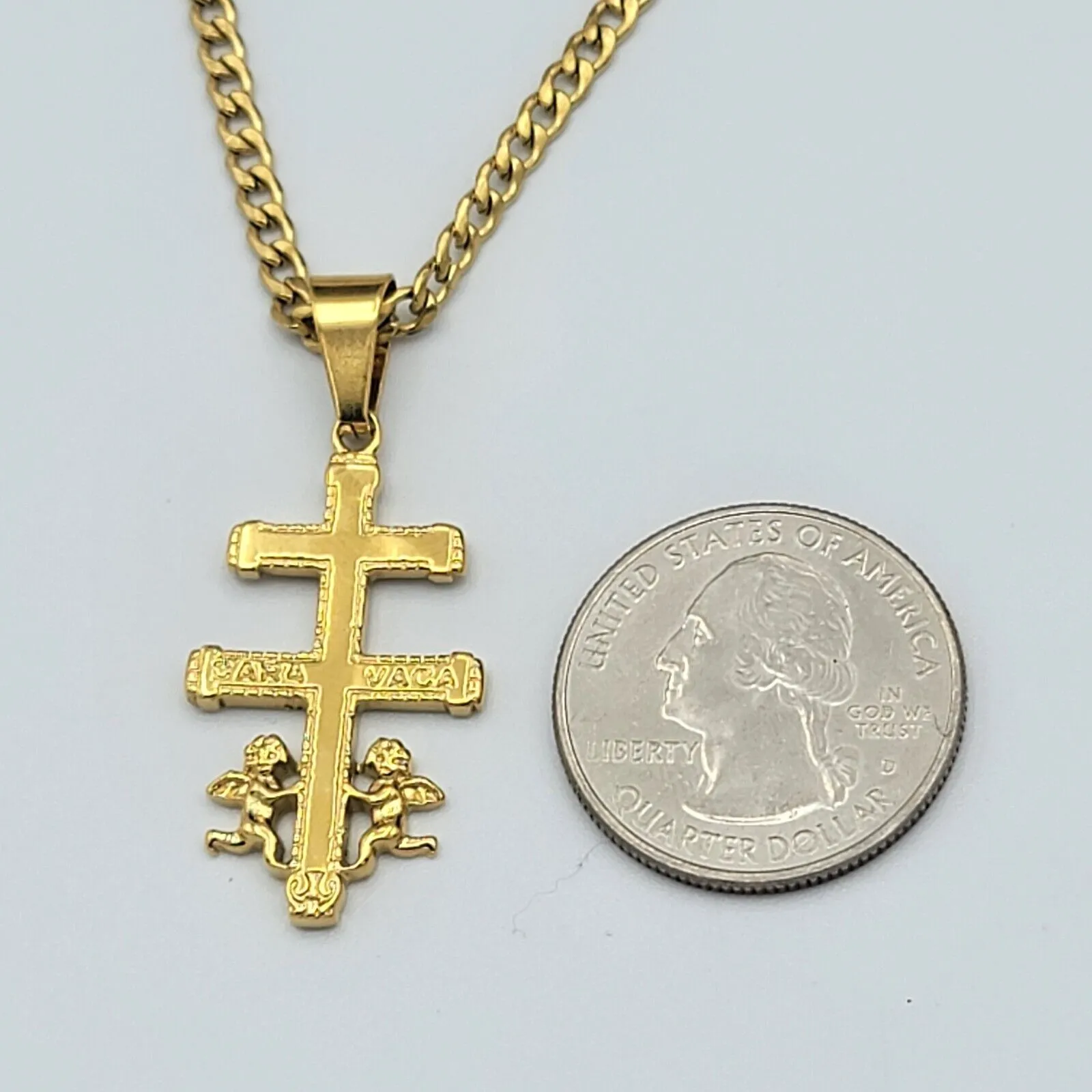 Necklaces - Stainles Steel Gold Plated. Caravaca Crucifix Cross Pendant & Chain.