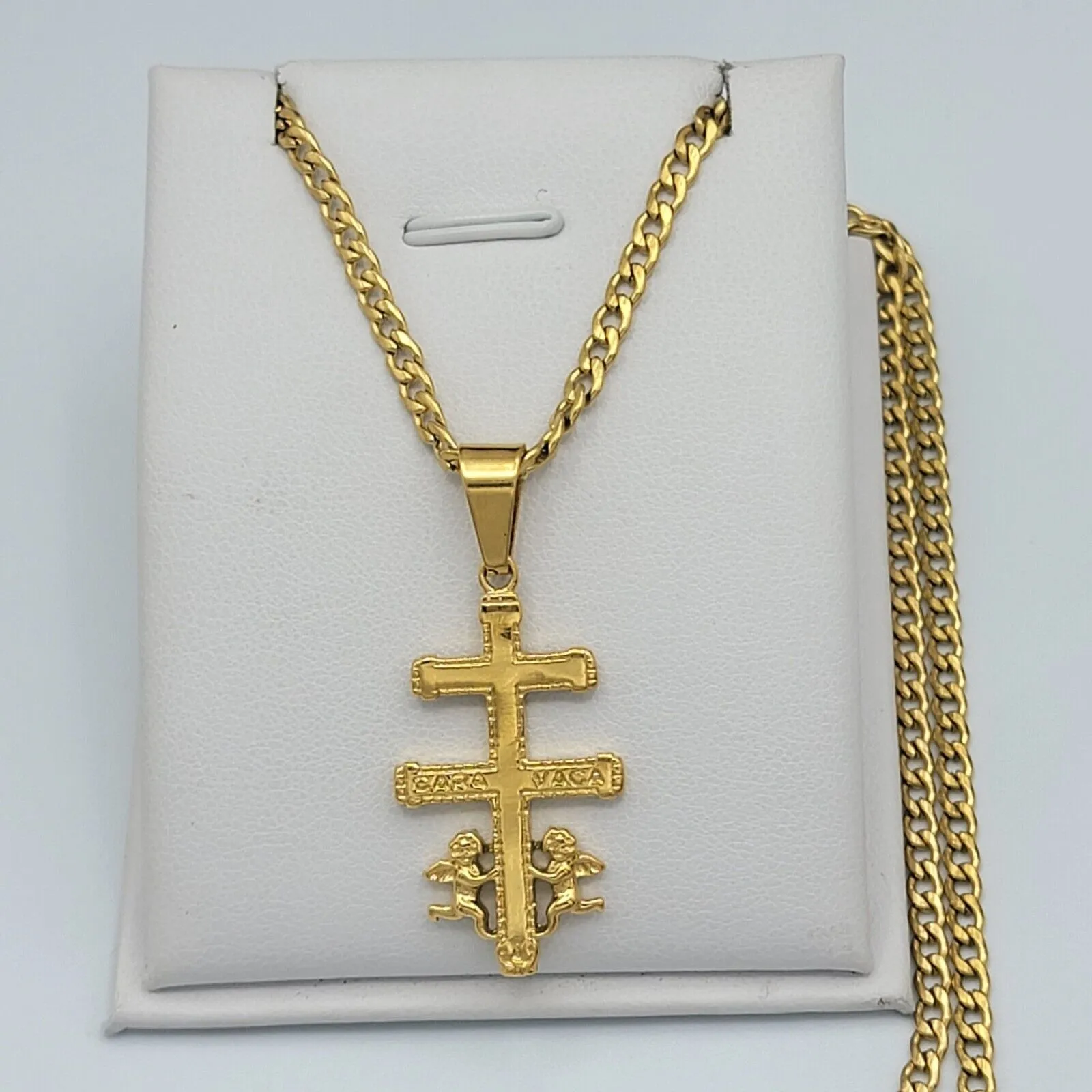 Necklaces - Stainles Steel Gold Plated. Caravaca Crucifix Cross Pendant & Chain.