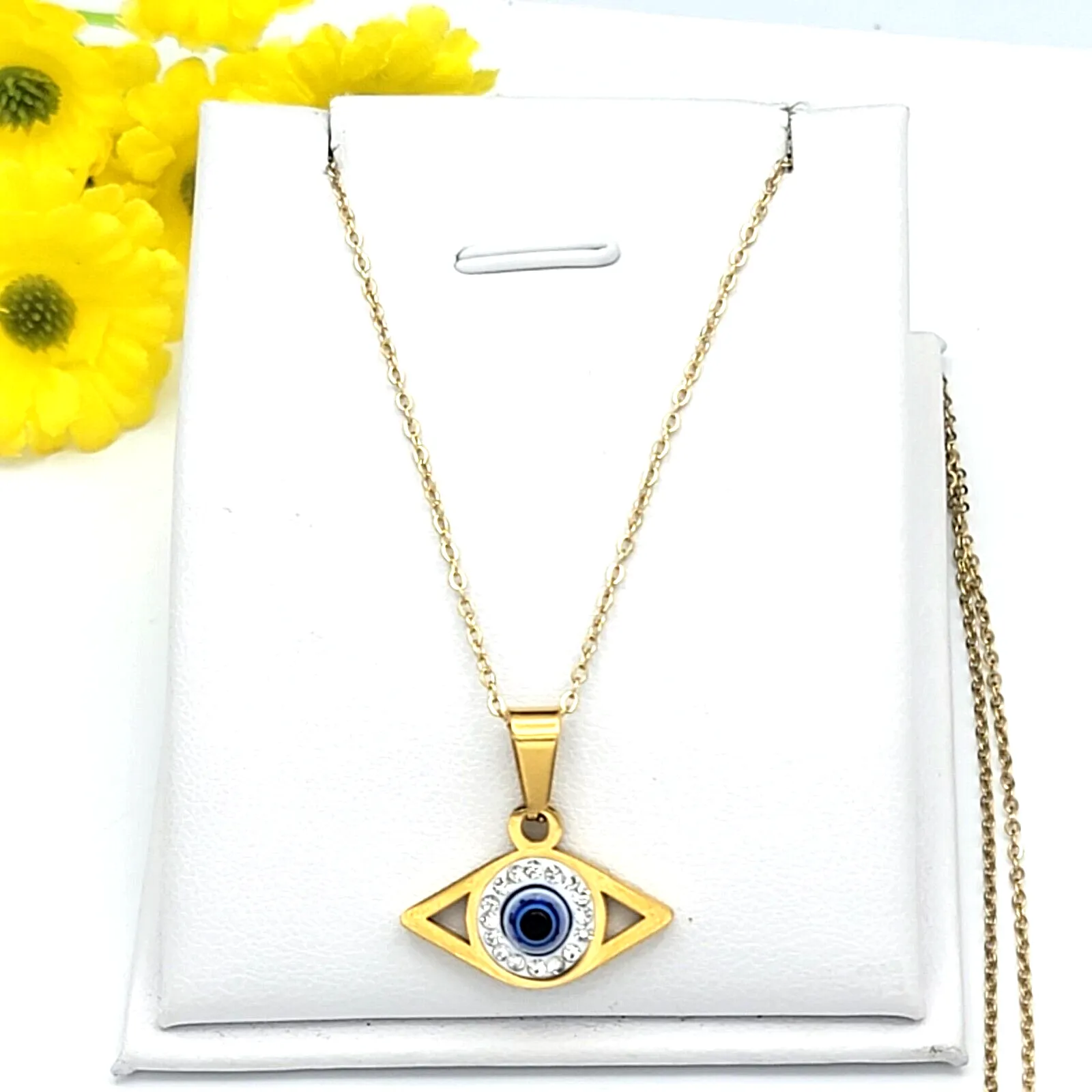Necklaces - Stainless Steel Gold Plated. Blue Black Eye Pendant & Chain.