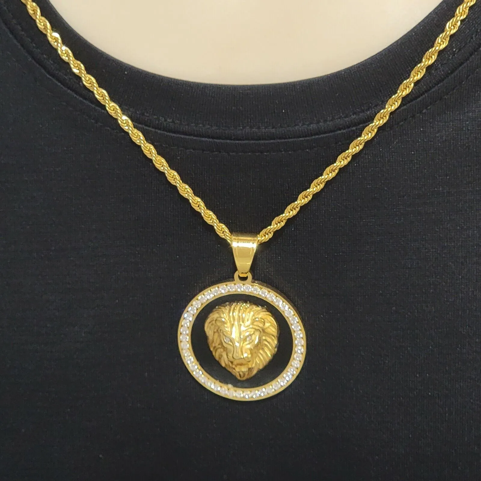Necklaces - Stainless Steel Gold Plated. Lion Head Pendant & Chain.