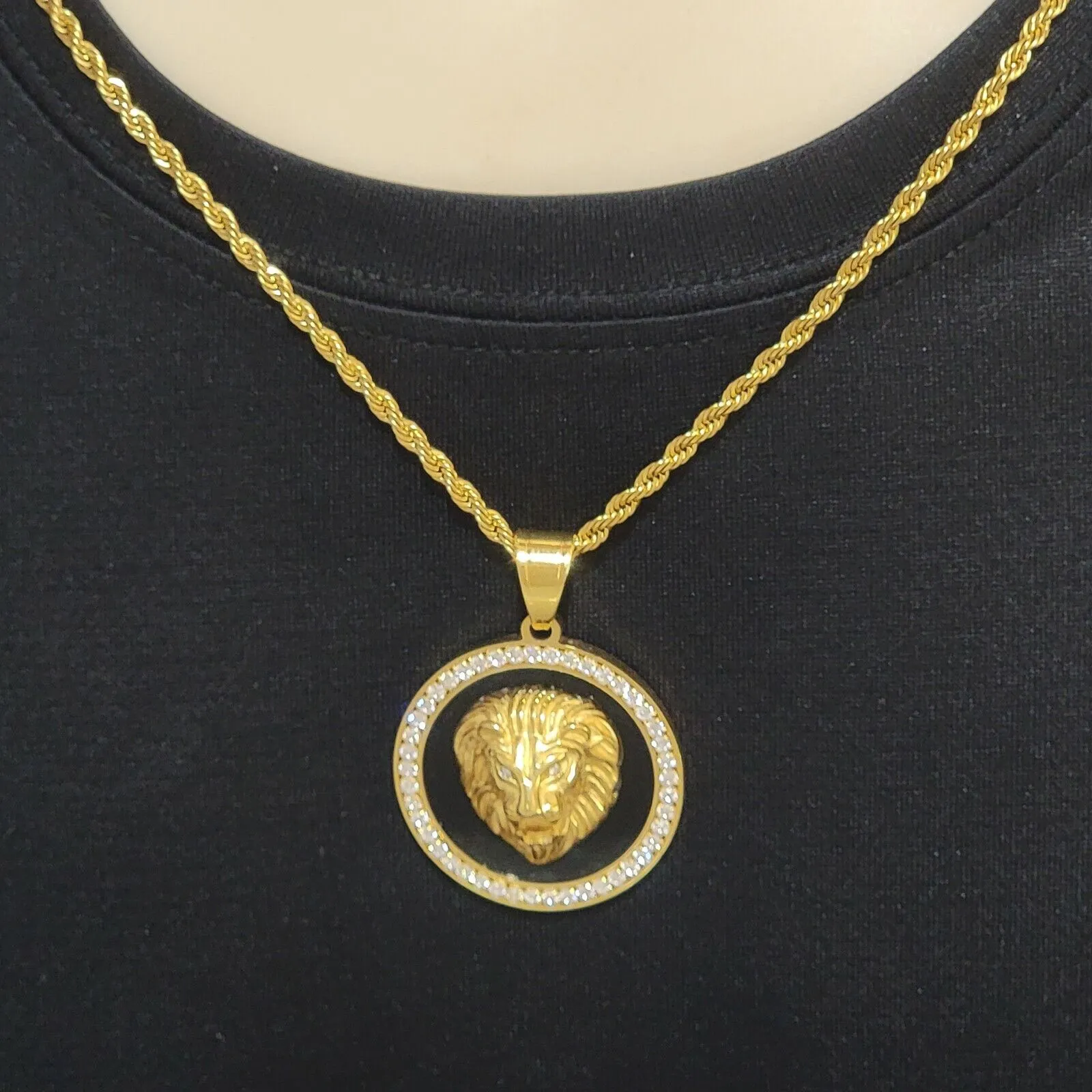 Necklaces - Stainless Steel Gold Plated. Lion Head Pendant & Chain.