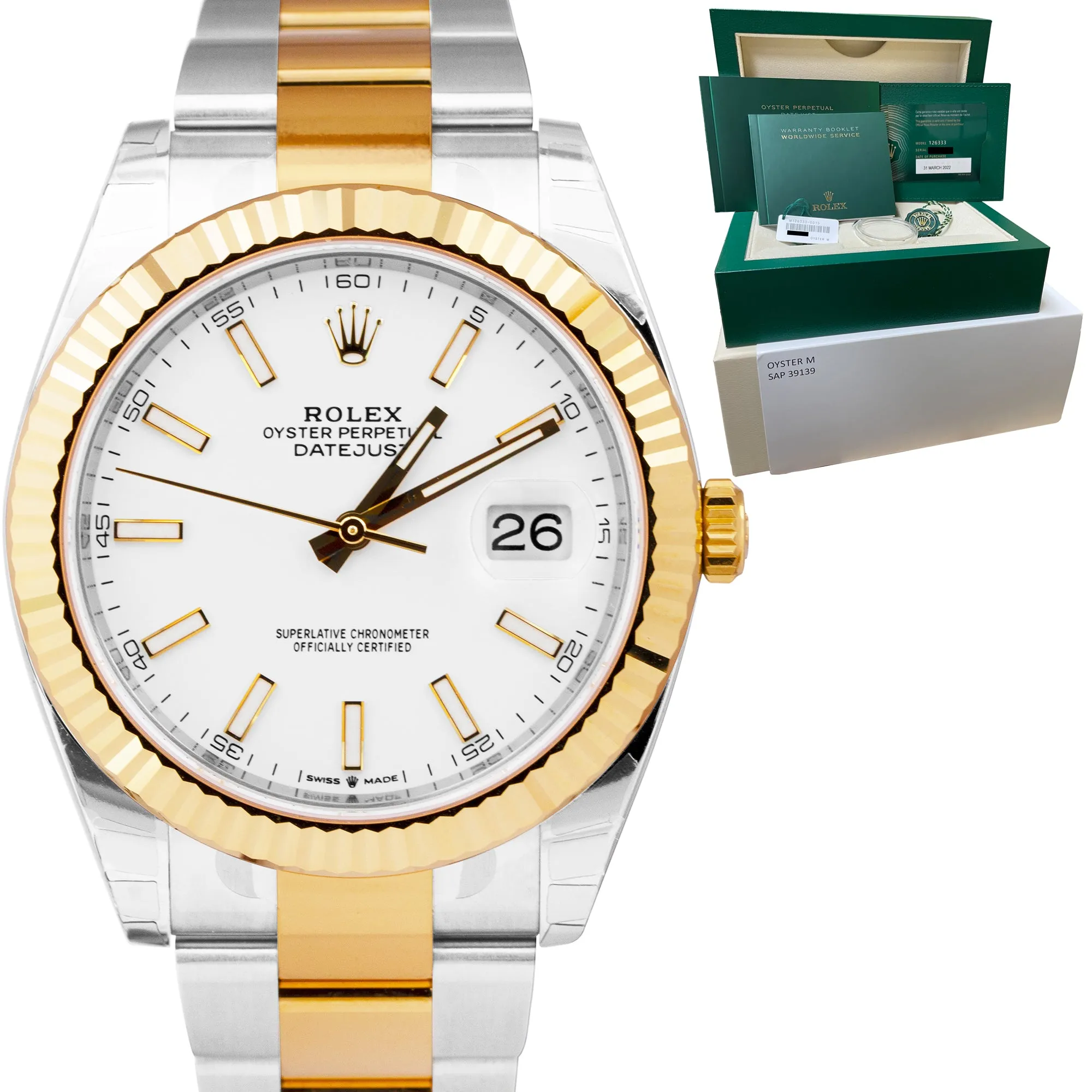 NEW STICKERED 2022 Rolex DateJust 41mm White Two-Tone Gold Watch 126333 B P
