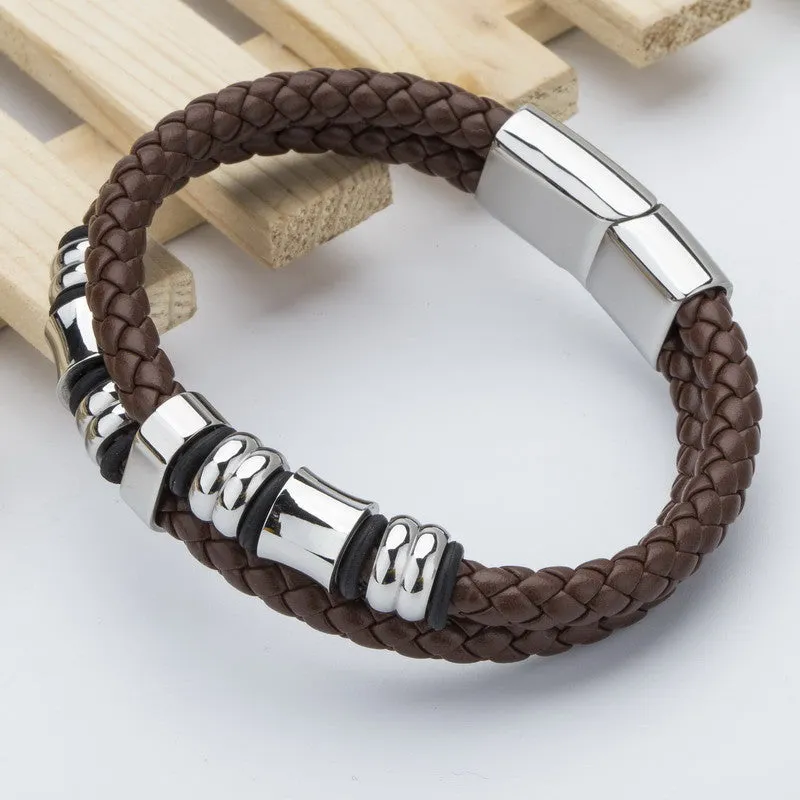 New Top Brand Genuine Leather Men Bracelets European Fashion Knight Courage Bracelets Stainless Steel Charm Bracelets