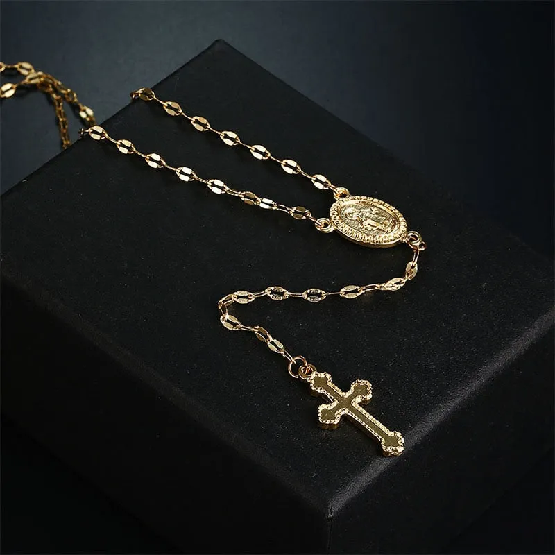 New Vintage Gold/Rose Gold Christian Cross Bohemia Religious Rosary Pendant Necklace for Women Charm Jewelry Gifts