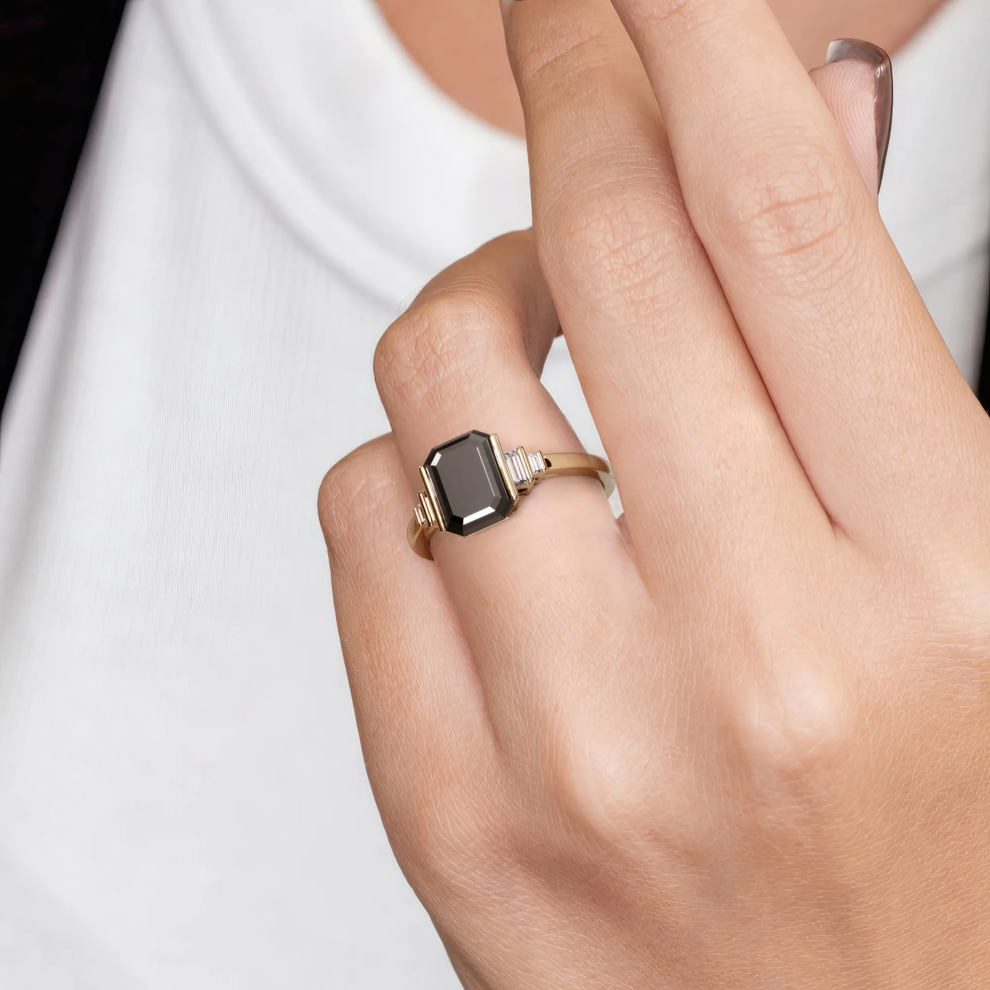 Noir Desir - Art Deco Natural Black Diamond Emerald Engagement Ring in Rose Gold
