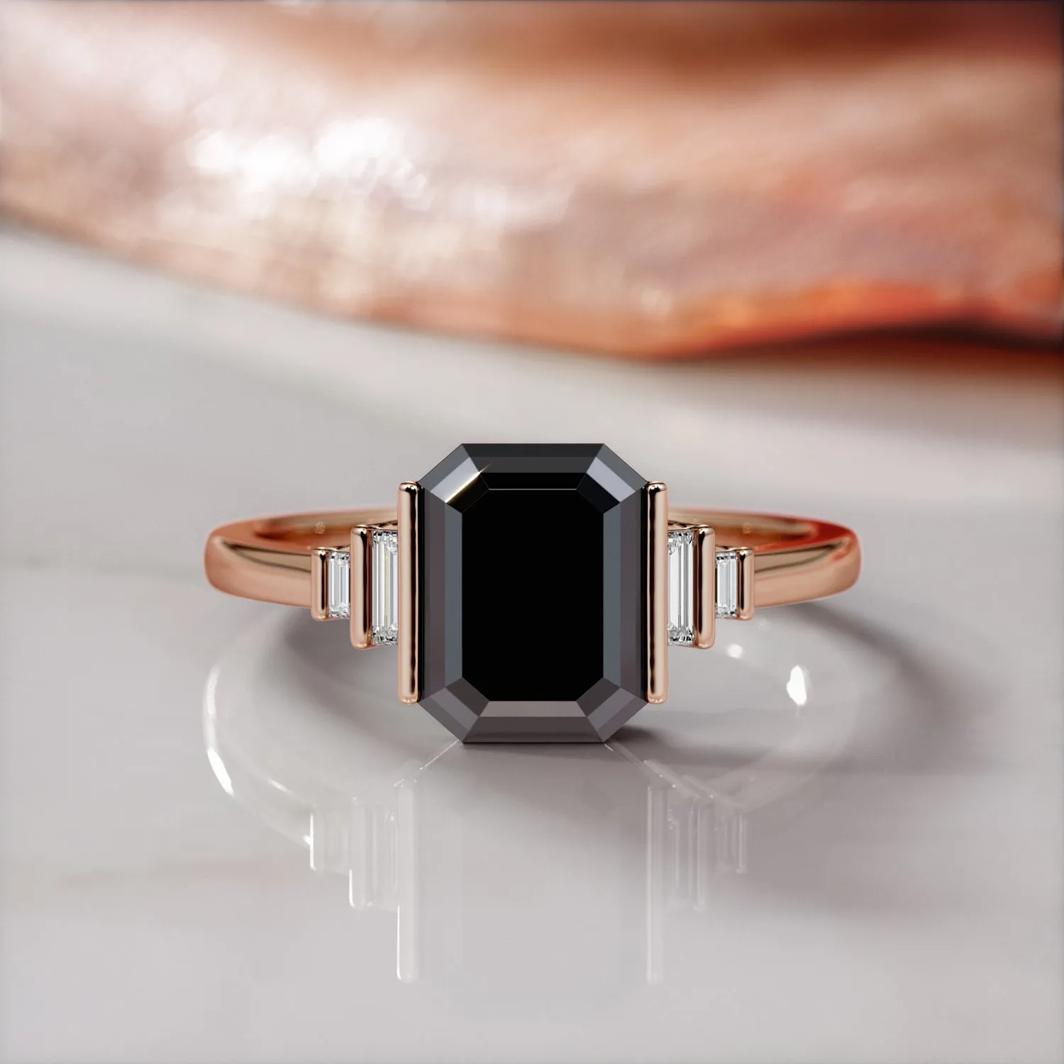 Noir Desir - Art Deco Natural Black Diamond Emerald Engagement Ring in Rose Gold