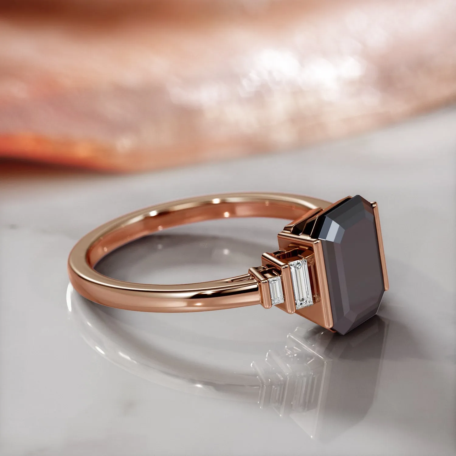 Noir Desir - Art Deco Natural Black Diamond Emerald Engagement Ring in Rose Gold