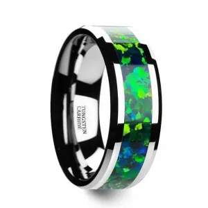 Opal Tungsten Wedding Band Green Blue Opal Inlay Beveled Polished Finish 6mm & 8mm