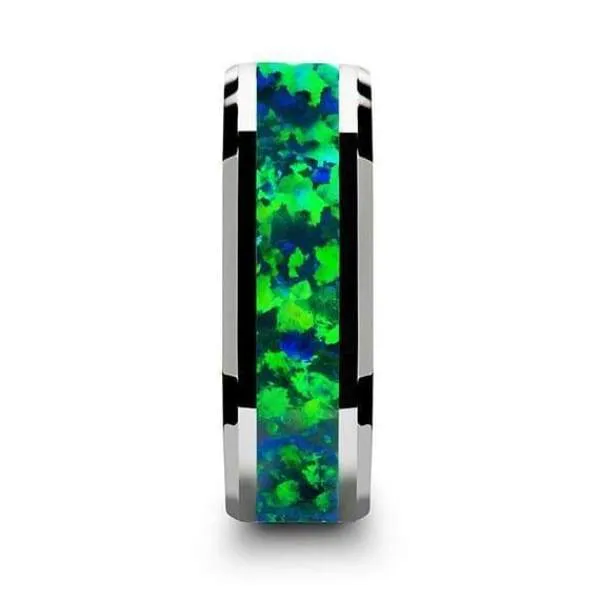Opal Tungsten Wedding Band Green Blue Opal Inlay Beveled Polished Finish 6mm & 8mm
