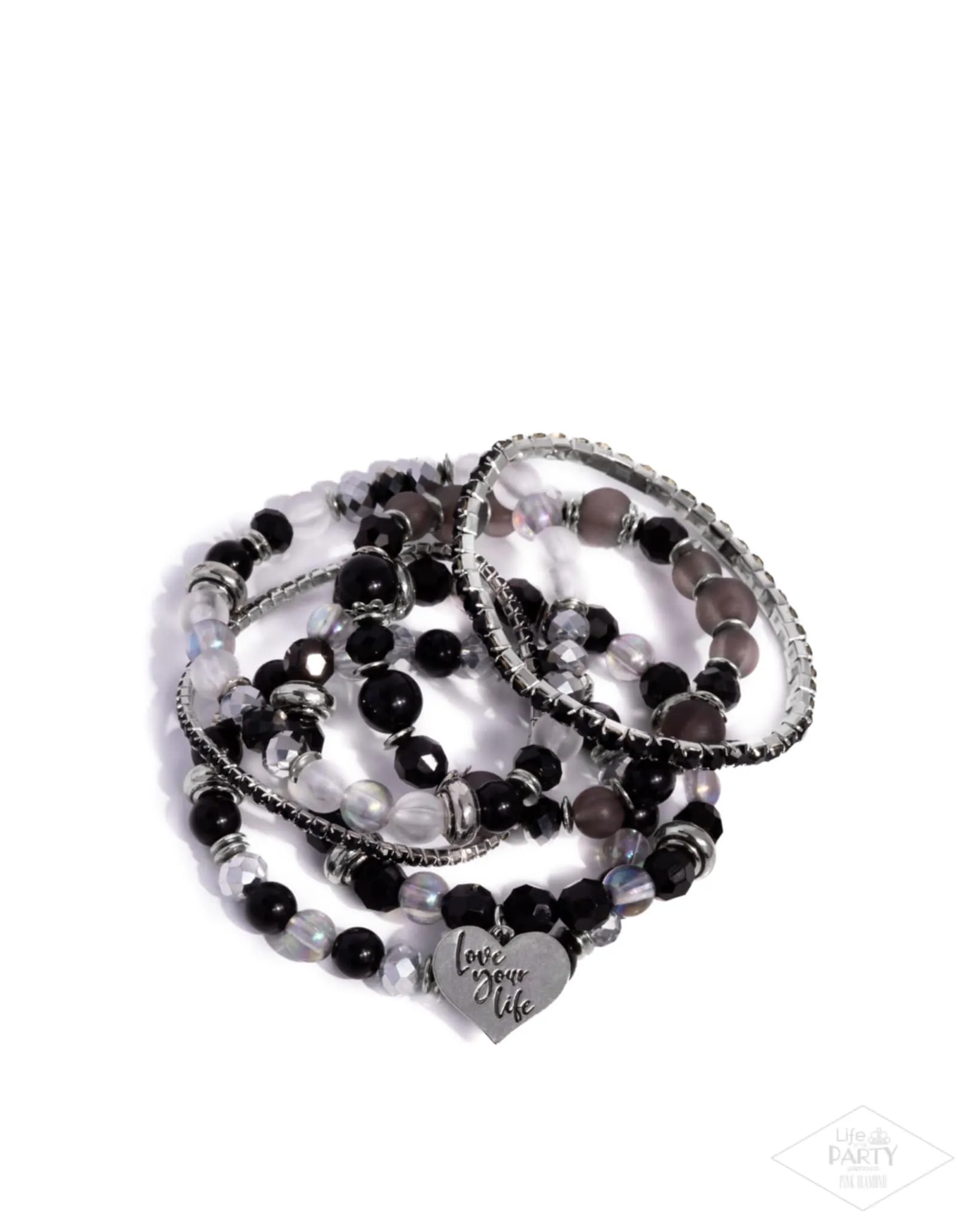 Optimistic Opulence - Black - White, and Grey Bead "Love Your Life" Heart Inspirational Paparazzi Stretchy Bracelet - Pink Diamond Exclusive
