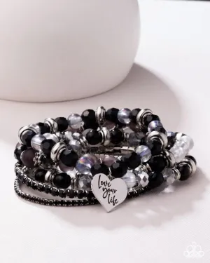 Optimistic Opulence - Black - White, and Grey Bead "Love Your Life" Heart Inspirational Paparazzi Stretchy Bracelet - Pink Diamond Exclusive
