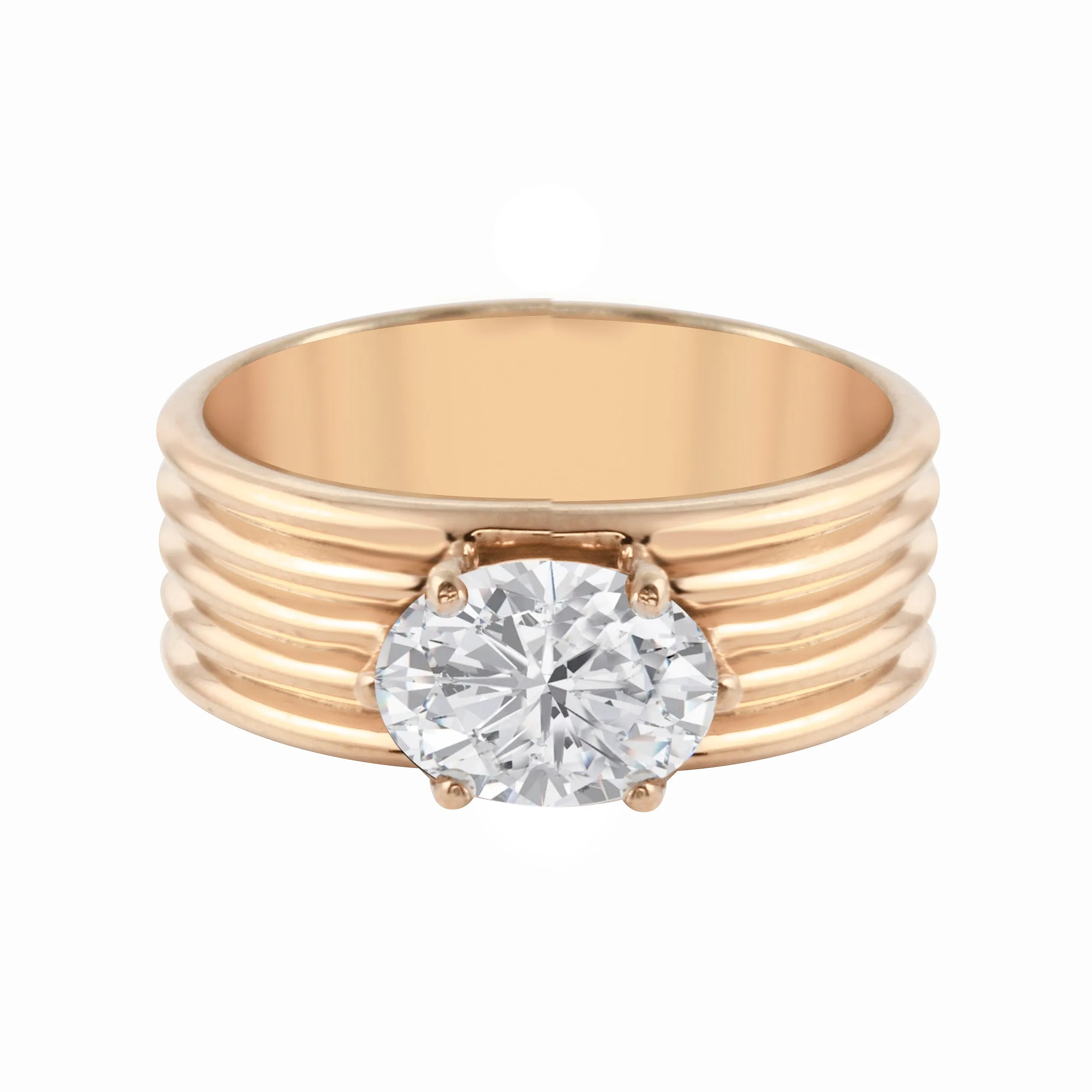 Oval Diamond Wide Ribbed Band Engagement Ring