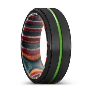 PALMDALE | Multi Color Wood, Black Tungsten Ring, Green Groove, Stepped Edge