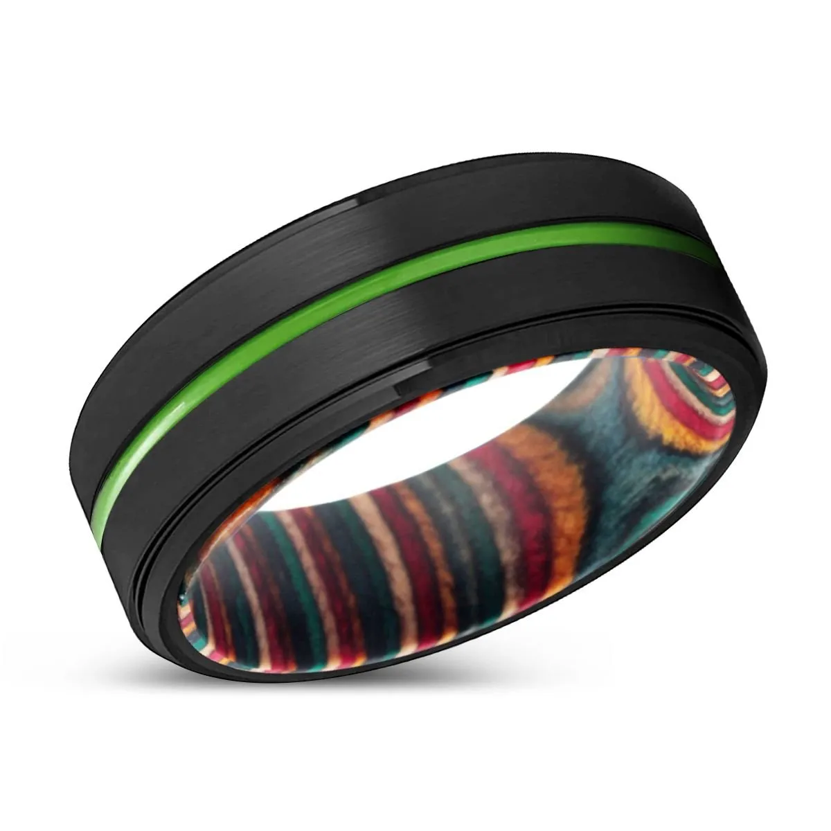 PALMDALE | Multi Color Wood, Black Tungsten Ring, Green Groove, Stepped Edge