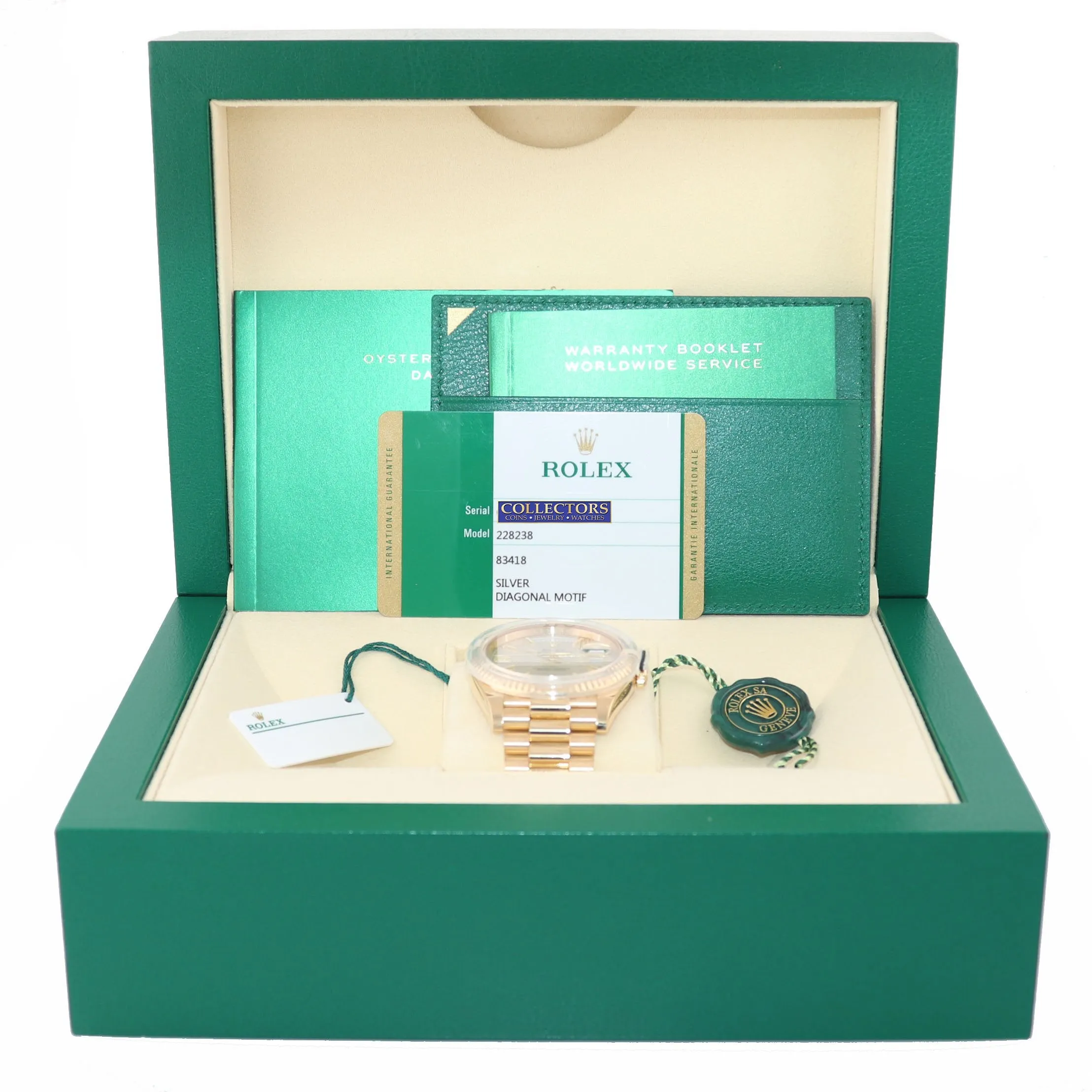 PAPERS NEW 2019 Rolex Day-Date 40 President 228238 18k Gold Silver Motif Watch