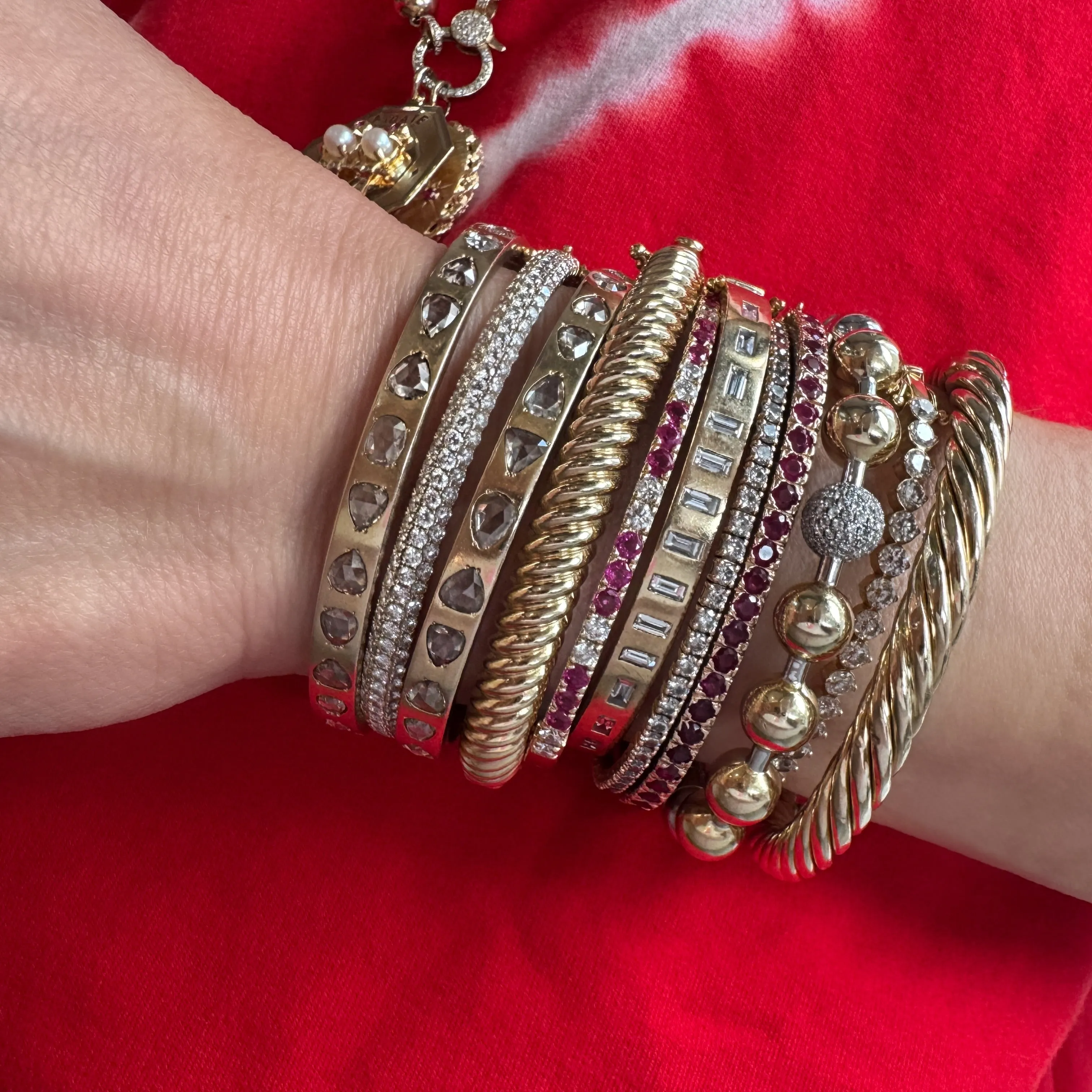 Pave Diamond & Gold Ball Bangle Bracelet