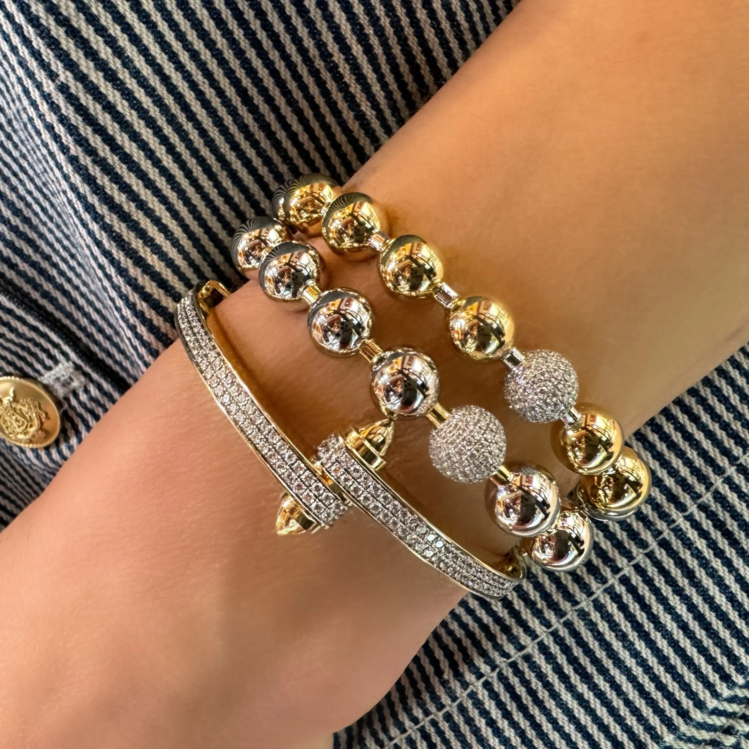 Pave Diamond & Gold Ball Bangle Bracelet