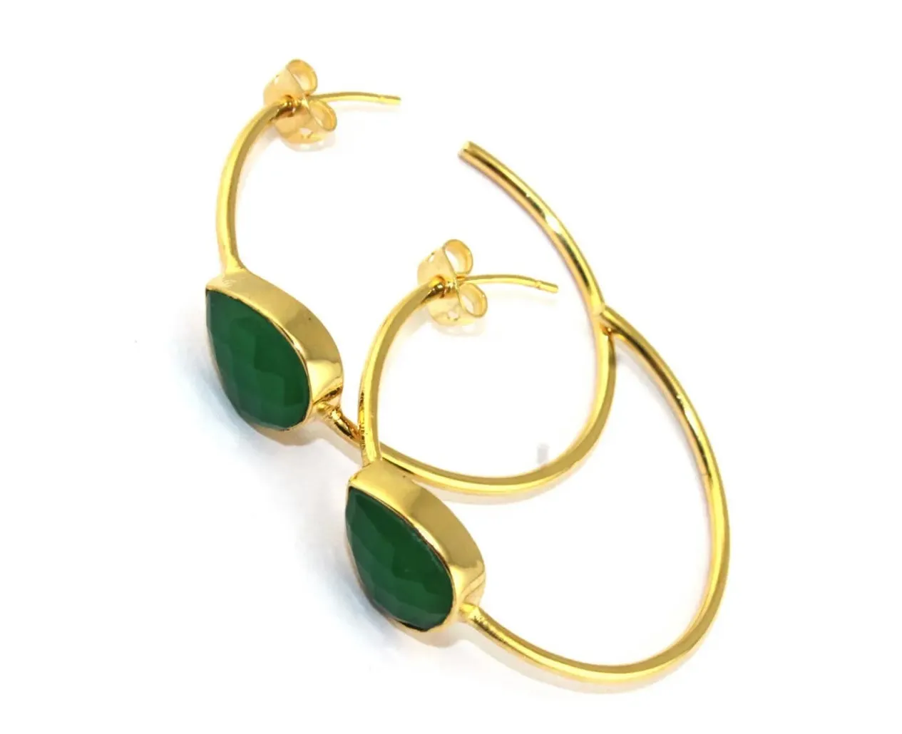 Pear-Shaped Green Onyx Gemstone Hoop Earrings 2.25”