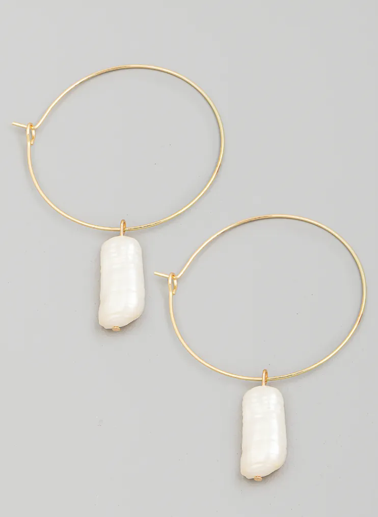 Pearl Drop Wire Hoop Earrings