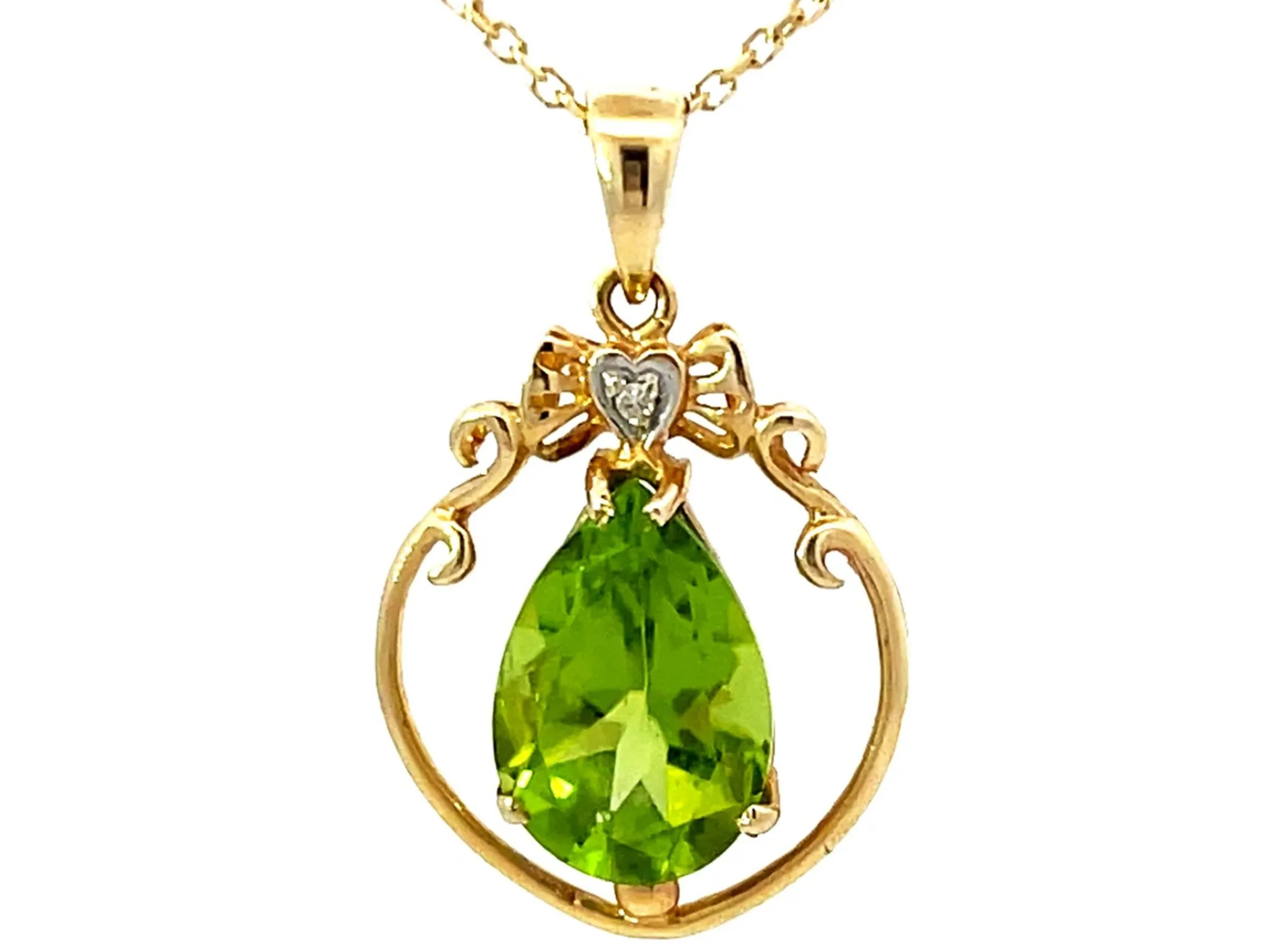 Peridot Diamond Solid 14K Yellow Gold Pendant Necklace
