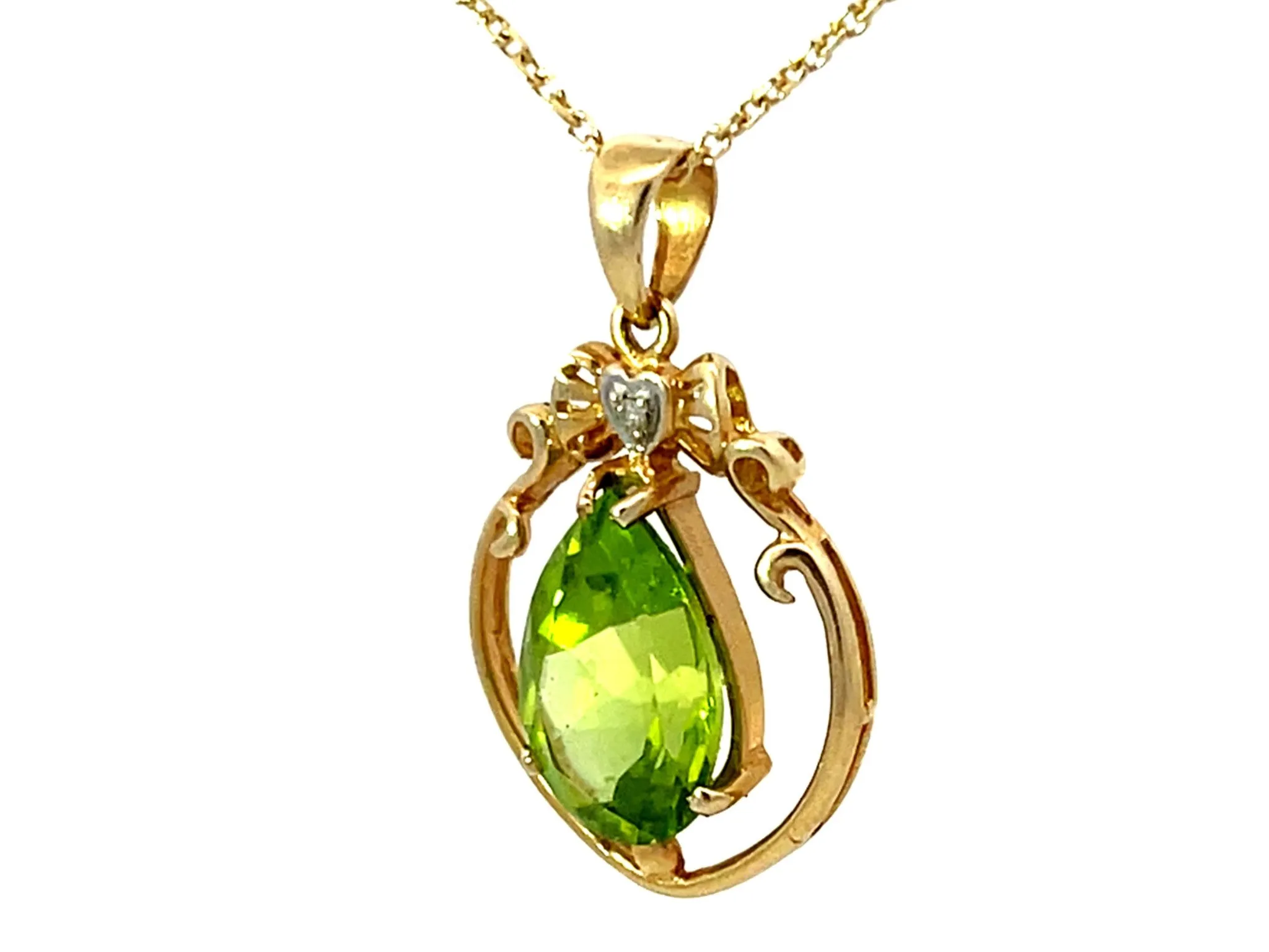 Peridot Diamond Solid 14K Yellow Gold Pendant Necklace
