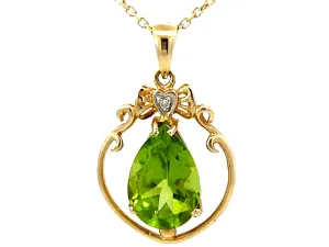 Peridot Diamond Solid 14K Yellow Gold Pendant Necklace
