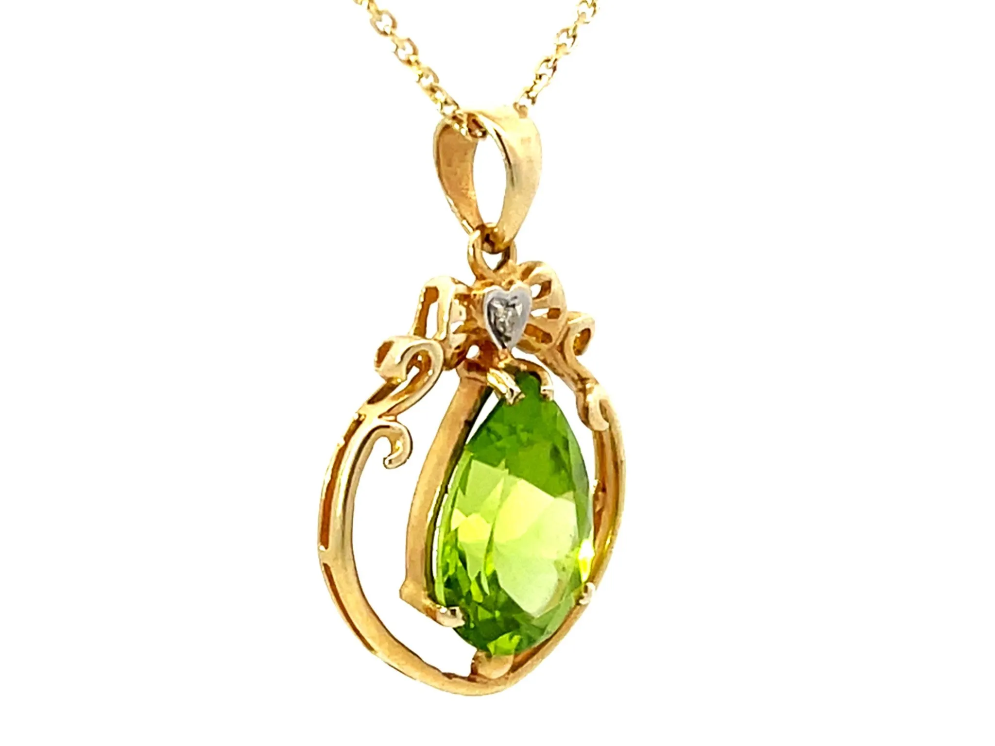 Peridot Diamond Solid 14K Yellow Gold Pendant Necklace