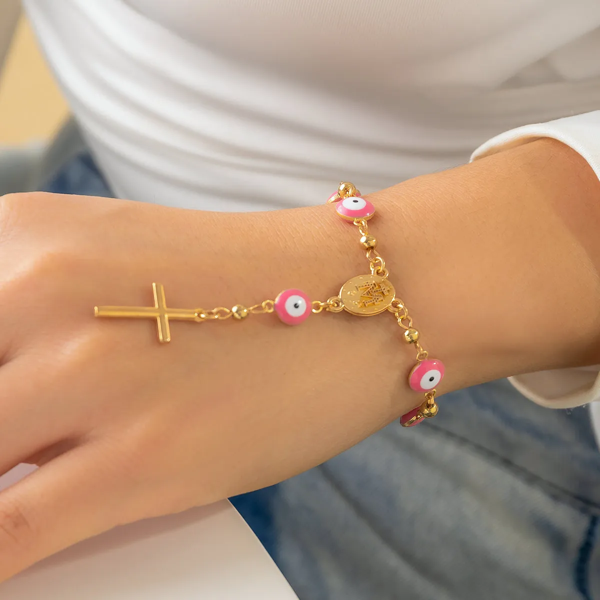 Pink Acrylic & 18K Gold-Plated Evil Eye & Cross Charm Bracelet