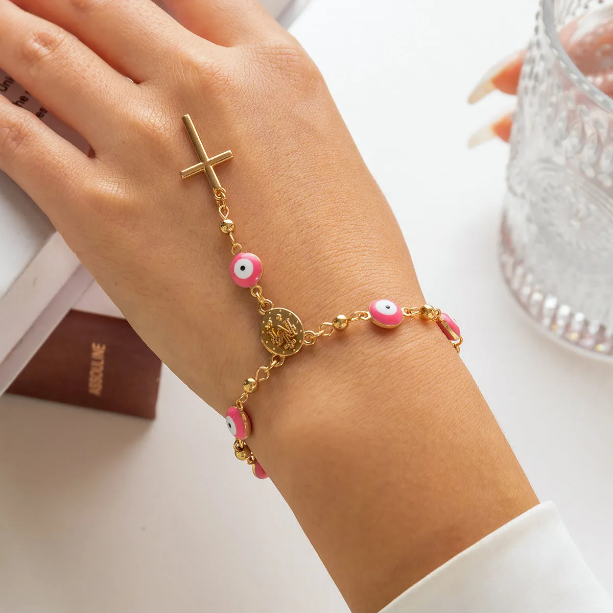 Pink Acrylic & 18K Gold-Plated Evil Eye & Cross Charm Bracelet