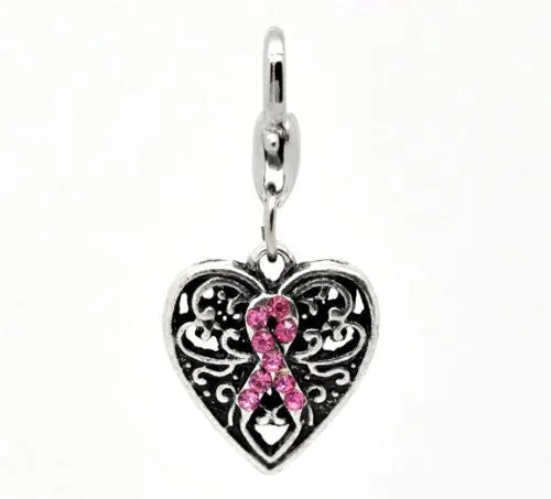 Pink Ribbon Awareness Heart Clip on Pendant for European Charm Jewelry w/ Lobster Clasp