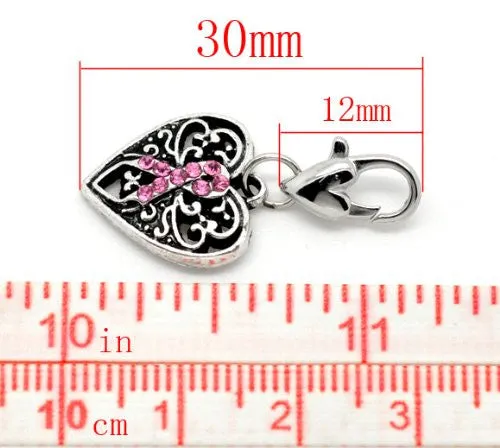 Pink Ribbon Awareness Heart Clip on Pendant for European Charm Jewelry w/ Lobster Clasp