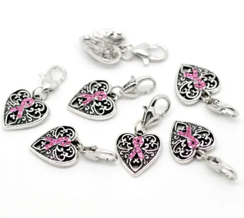 Pink Ribbon Awareness Heart Clip on Pendant for European Charm Jewelry w/ Lobster Clasp
