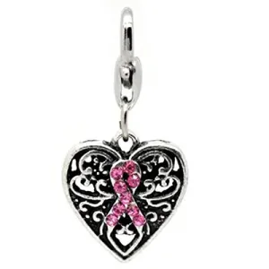 Pink Ribbon Awareness Heart Clip on Pendant for European Charm Jewelry w/ Lobster Clasp