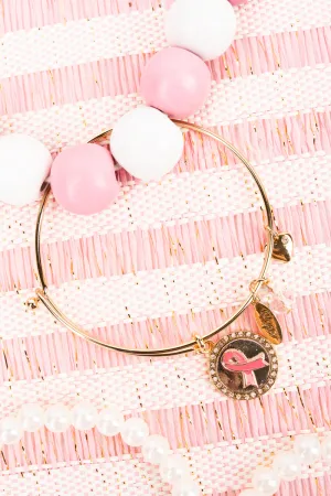 Pink Ribbon Crystal and Goldtone Charm Bracelet