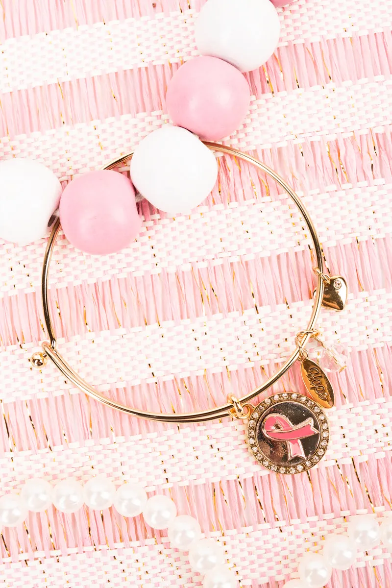 Pink Ribbon Crystal and Goldtone Charm Bracelet