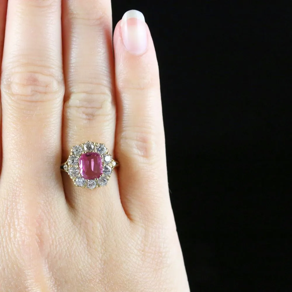 Pink Sapphire Diamond Cluster Ring 18Ct Gold