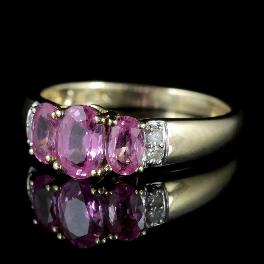 Pink Sapphire Trilogy Ring Diamond 9Ct Gold