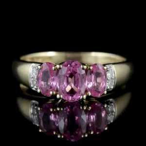 Pink Sapphire Trilogy Ring Diamond 9Ct Gold