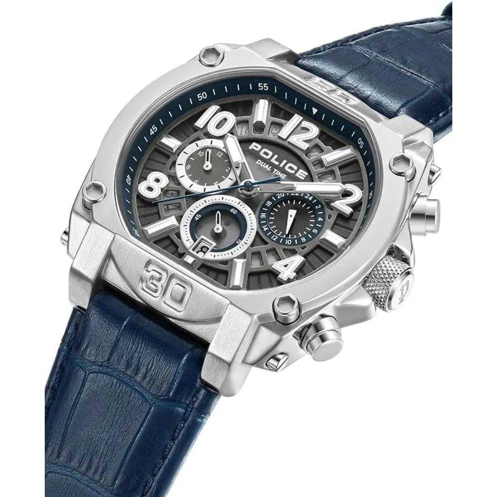 Police Norwood Gents Chronograph Charcoal Dial Silver Blue Leather Strap Watch