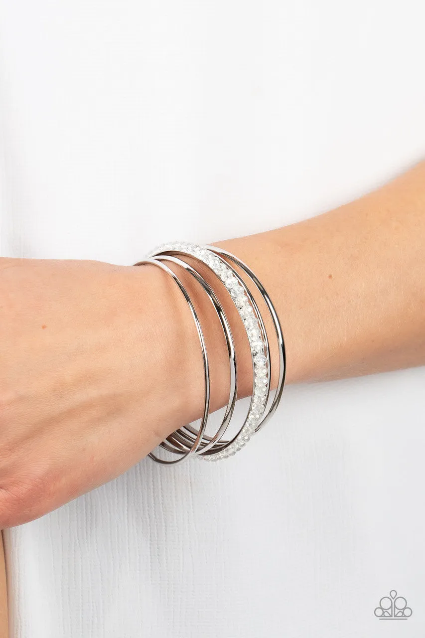Prismatic Pizazz - White - Crystal-like Bead Silver Paparazzi Bangle Bracelet