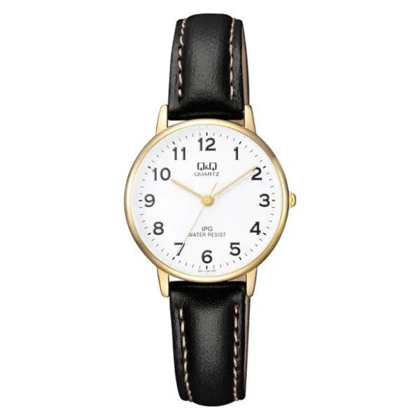 Q&Q Black Leather Strap White Dial Quartz Watch for Ladies - QZ01J104Y