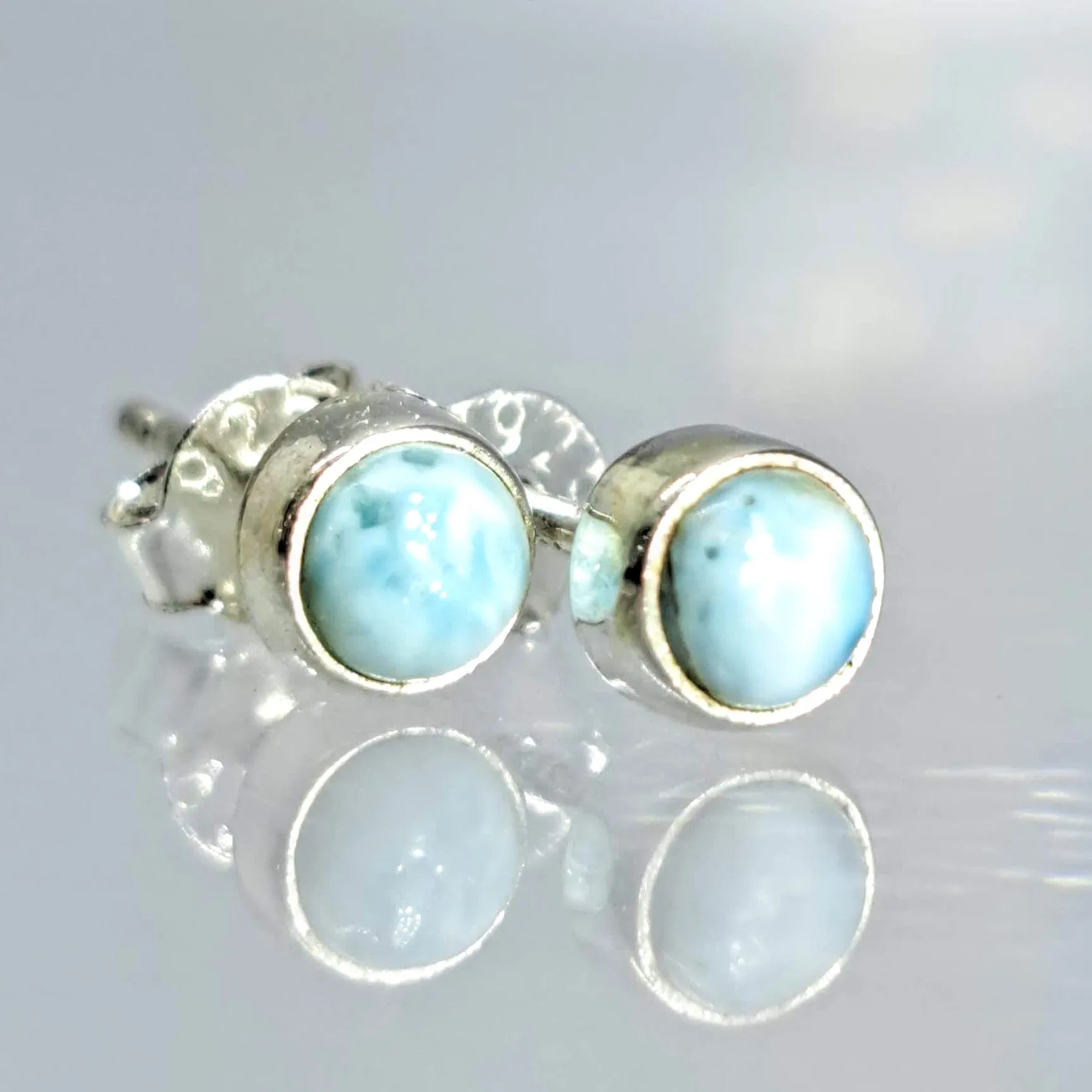 "Ocean" Tiny (Appx. 3mm) Stud Earrings - Larimar, Round or Ovals In Sterling or Gold Sterling