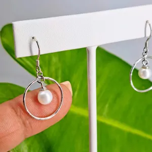 "Pearl Hoop Drop" 1" Earrings - Pearls, Sterling